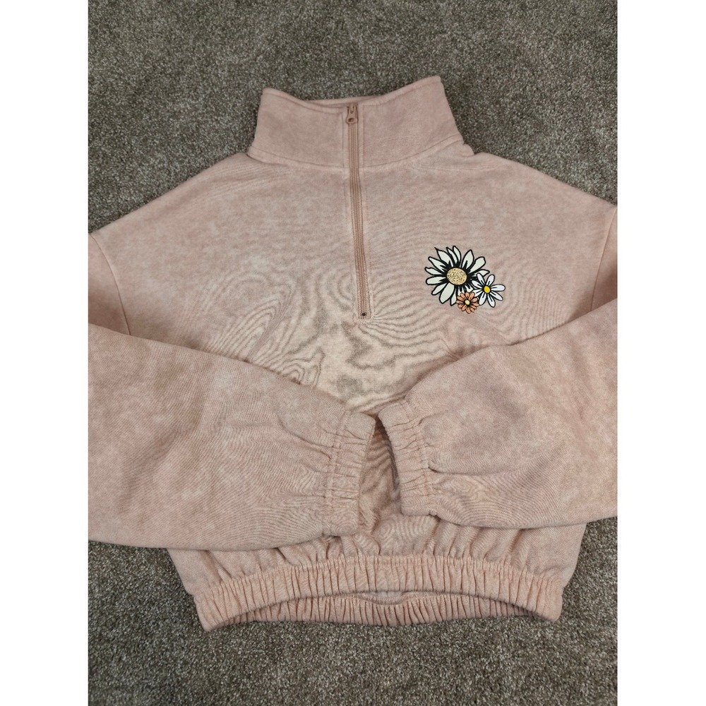 Celebrity Pink Womens Pink Daisy Embroidered Quarter Zip Cropped Fleece Pullover - Picture 12 of 14